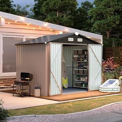 Aoxun 6x8 FT Shed Outdoor Storage Shed with Floor Metal Tool Shed with Door and Lock Outdoor Shed for Garden, Backyard, Poolside,Patio, Plastic Floor Included, Brown