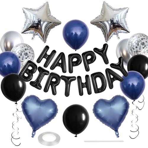 WEIKA 27 PCS Happy Birthday Balloon, Birthday Decorations 3D Foil Happy Birthday Banner 18 Inch Heart - Balloons Pentagram Confetti Balloons 12 Inch Party Decoration Supplies (Navy Blue and Black)