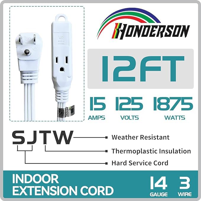 HONDERONS 12FT 3 Outlets White Flat Plug Extension Cord,14/3 SPT-3 Extension Cable 3 Prong Grounded,Durable Power Cable for Home,Office