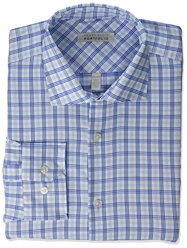 Perry Ellis Men's Slim Fit Spread Collar Dress Shirt, White w/Blue Plaid, 17.5 36/37
