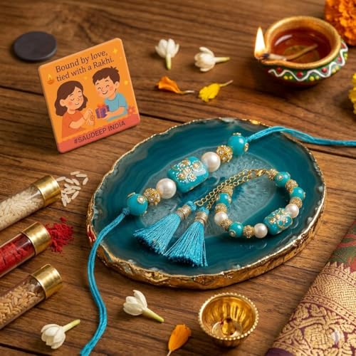 Image of SAUDEEP INDIA Decorative Fridge Magnet for Refrigerator Decor | Free Blue Stone Lumba Rakhi Set for Bhaiya Bhabhi with Rakhi for Brother | Raksha Bandhan Gift Combo | Festive Home Decor(Couple Rakhi)