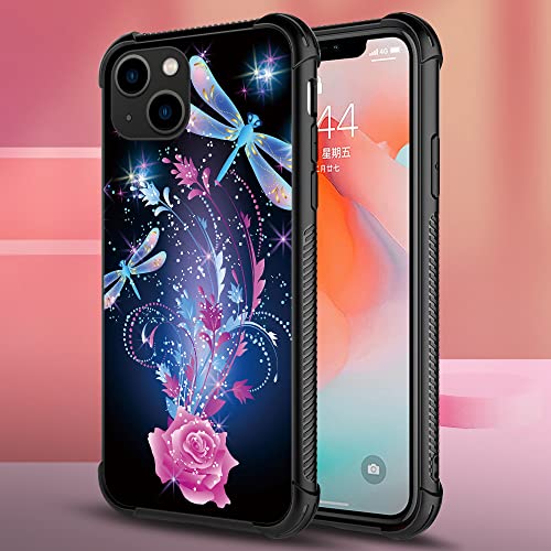 Goodsprout Iphone 13 Case, Neon Dragonfly Pink Rose Iphone 13 Girl Cases, Tempered Glass Back+Soft Silicone Tpu Shock Protective Case For Apple Iphone 13,Iphone 13(6.1 Inch) #TOP1