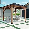Backyard Discovery Barrington 10' x 10' Cedar Wood Outdoor Gazebo Pavilion with Hardtop Galvanized Steel Hip Roof, Snow Support, Wind Resistance, PowerPort, Shade for Garden, Patio, Deck, Entertaining