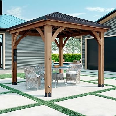 Backyard Discovery Barrington 10' x 10' Cedar Wood Outdoor Gazebo Pavilion with Hardtop Galvanized Steel Hip Roof, Snow Support, Wind Resistance, PowerPort, Shade for Garden, Patio, Deck, Entertaining