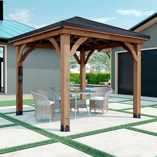 Backyard Discovery Barrington 10' x 10' Cedar Wood Outdoor Gazebo Pavilion with Hardtop Galvanized Steel Hip Roof, Snow Support, Wind Resistance, PowerPort, Shade for Garden, Patio, Deck, Entertaining - image 2