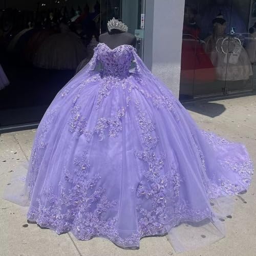 Ruffles Sequin Lace Applique Quinceanera Dresses Off Shoulder Ball Gown with Cape Puffy Lace Tulle Princess Dress3