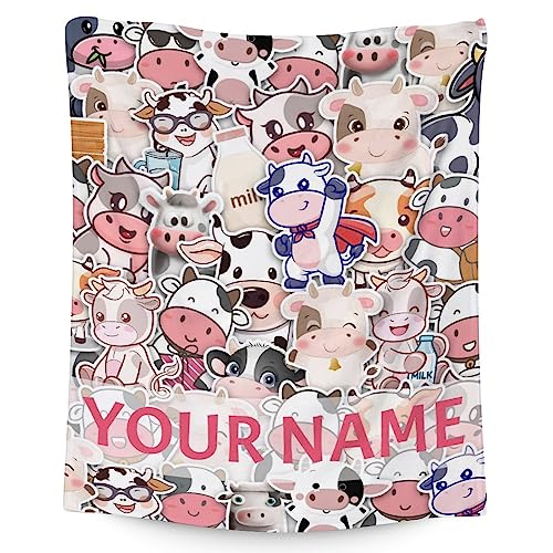 Personalized Cow Blanket Gifts with Name - 60"x80" Cute Throw for Women, Girls - Colorful Soft Fuzzy Blankets for Bed, Couch & Living Room