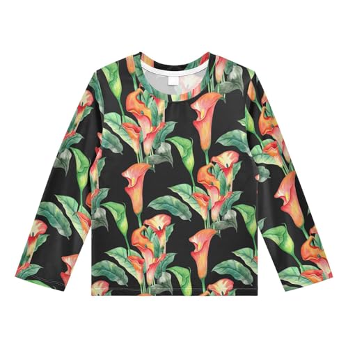 Calla Foliage Black Boy's Rash Guard Swim Shirt Long Sleeve Sun Shirt for Swimming Pool Beach UPF50+ 3T