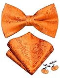 Gusleson Orange Bow Tie and Pocket Square Set for Men Floral Pre-Tied Bowties Cufflinks for Wedding (UK0493-01)