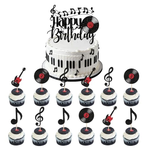 Lot de 13 décorations de gâteau sur le thème de la musique avec des guitares scintillantes et des motifs de partition, parfaits pour les gâteaux de...