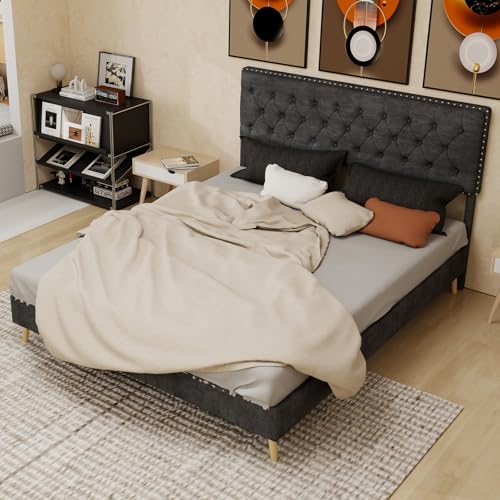 Generisch Moderno marco de cama con cabecero de terciopelo alto, 160 x 200 cm, marco de cama de madera resistente con espacio de almacenamiento debajo de la cama y fácil montaje para un dormitorio