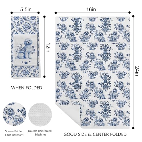 Image of Chinoiserie Poodle Kitchen & Hand Towels Set of 2, Blue and White Floral Dog Dish & Tea Towels for Kitchen Bathroom Decor,Vintage Toile Poodle Hand Towel for Farmhouse Bathroom Kitchen Decor