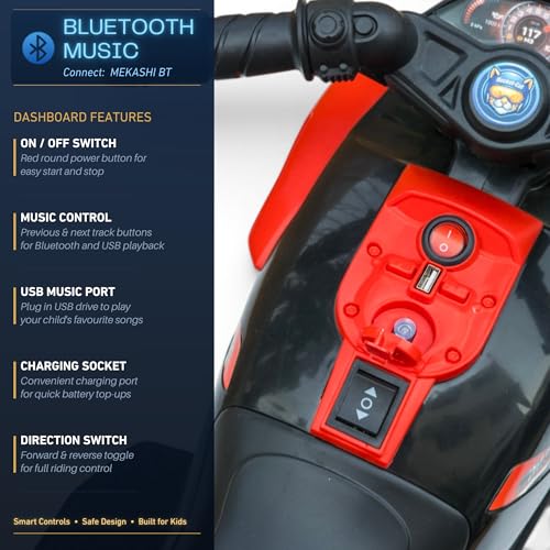 Image of MEKASHI 6V Electric Ride-On Bike for Kids with Bluetooth Music (Red) | Realistic styling with LED headlight, rechargeable battery & smooth ride performance for toddlers aged 1-4 years