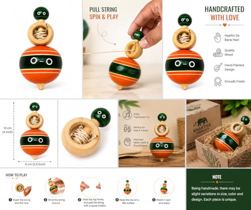 Image of Bhartiye Crafts Handmade Wooden Spinning Top Toy with Thread | Traditional Indian Lattu Lattoo for Kids | Pull String Mechanical Spinner | Wooden Toy | 4 x 2.5 Inch
