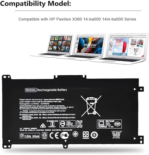 Image of Wefly BK03XL Laptop Battery Compatible for HP Pavilion X360 14-BA000 14-BA013NL 14-BA015NG 14-BA016NM 14-BA019NF 14-BA033TX 14-BA021UR 14-BA024NW 14-BA002NI 14-BA028TX 14-BA003NU Laptop Battery