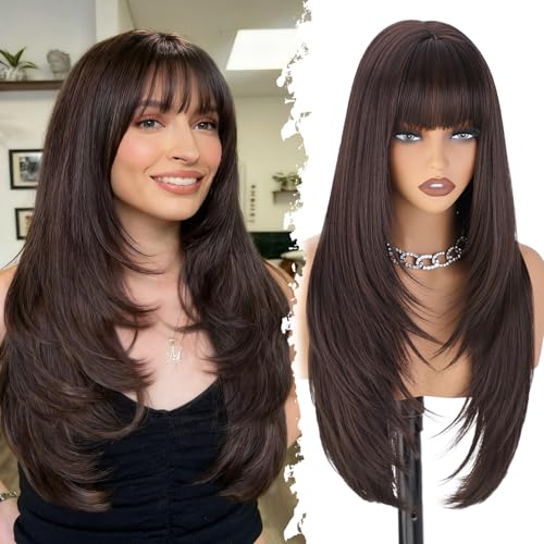 XIXIBI Brown Wig with Bangs for Women,4x4 Realistic Scalp,Free Parting,Long