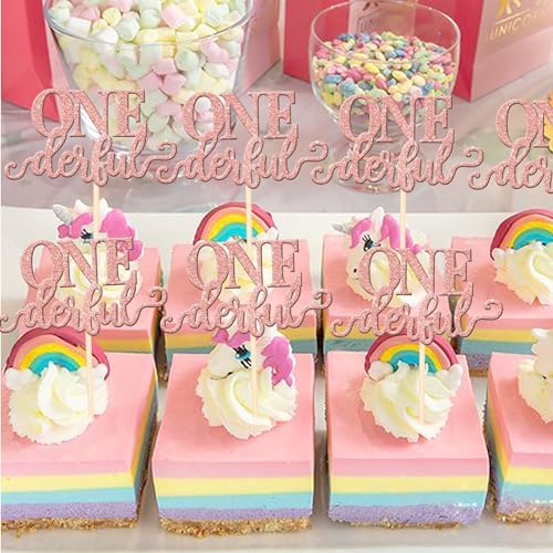 24 PCS Onederful Cupake Toppers Glitter First Birthday Miss Onederful Cupcake Picks Gender Reveal Cupcake Decorations for Baby Shower Kids 1st Birthday Party Cake Decorations Supplies Rose Gold