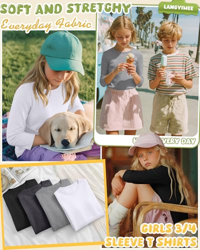 Image of 4 Pack Girls 3 /4 Sleeve T Shirts Kids Crewneck Elbow Sleeve Casual Tops Solid Basic Cute Teen Tees 5-14Y