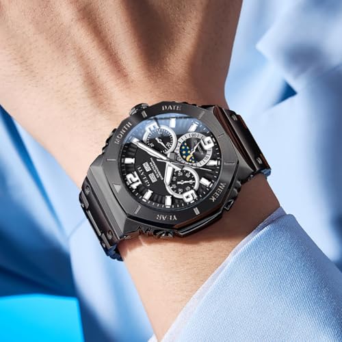 Image of OLEVS Men's Automatic Mechanical Watch Case Multi-Function Chronograph Moon Phase Year /Month /Date Display Stainless Steel Band Luxury Wrist Watch