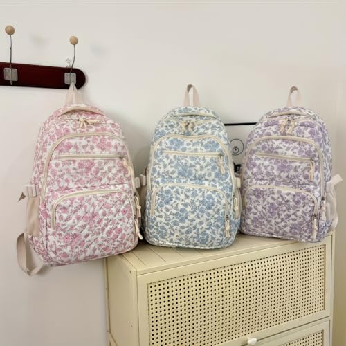 3Pack Coquette Quilted Backpack for Women, Cute Floral Nylon Rucksack Large Capacity with Small Lunch Bag (pink)2