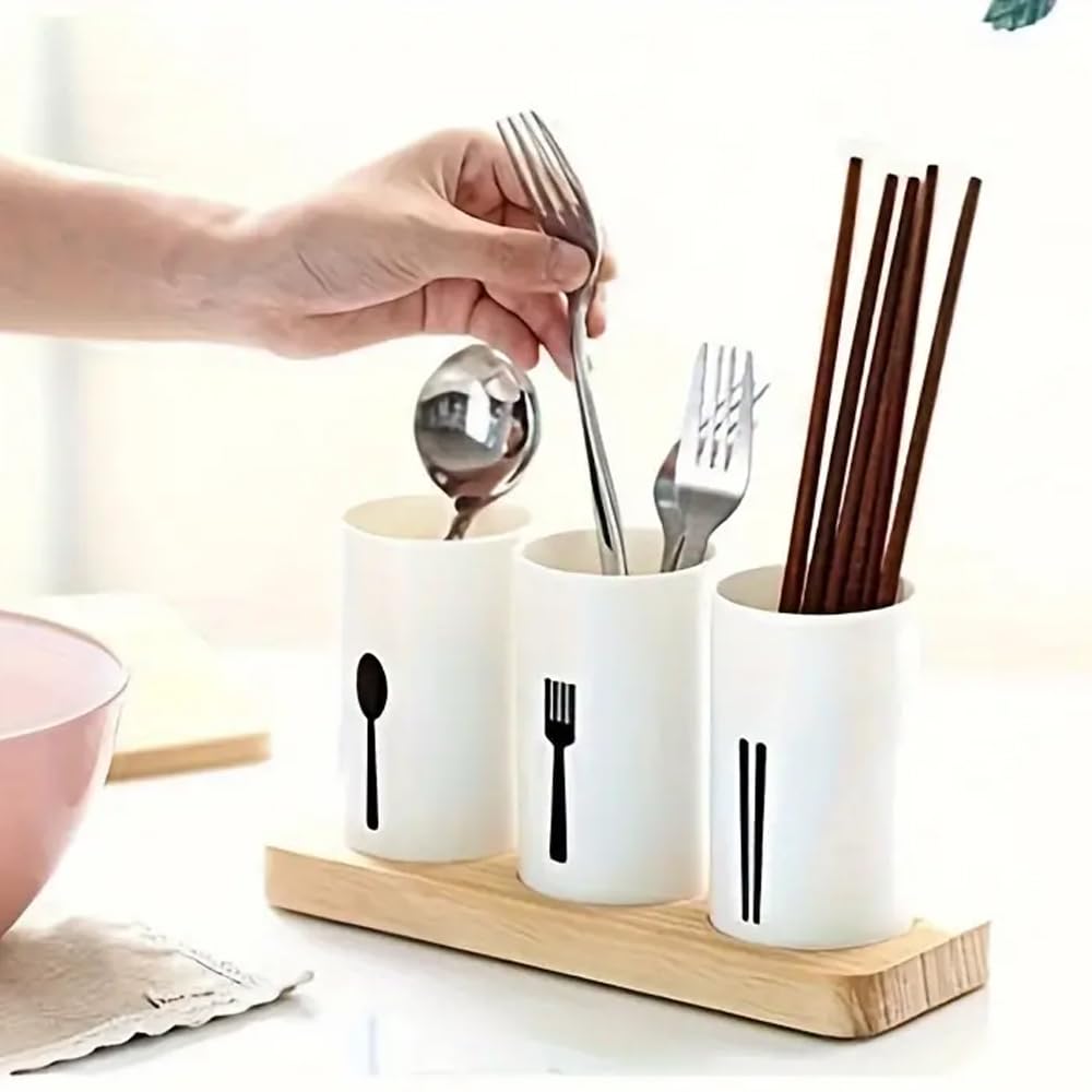 Silverware Cutlery Holder for Chopsticks Spoons Forks Flatware Holder with Oak Wood Base Kitchen Utensil Caddy Organizer Flatware