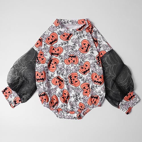 Suéter infantil para meninos e meninas, estampa de abóbora do diabo, renda, manga comprida, gola red