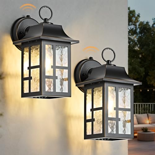 Image of OKELI 2-Pack Dusk to Dawn Exterior Lighting Fixture, Farmhouse Outdoor Wall Lights with Ripple Glass, Aluminum Porch Light Wall Mount, Anti-Rust Outside Wall Sconce for House, Garage(Black&Gold-Trim)