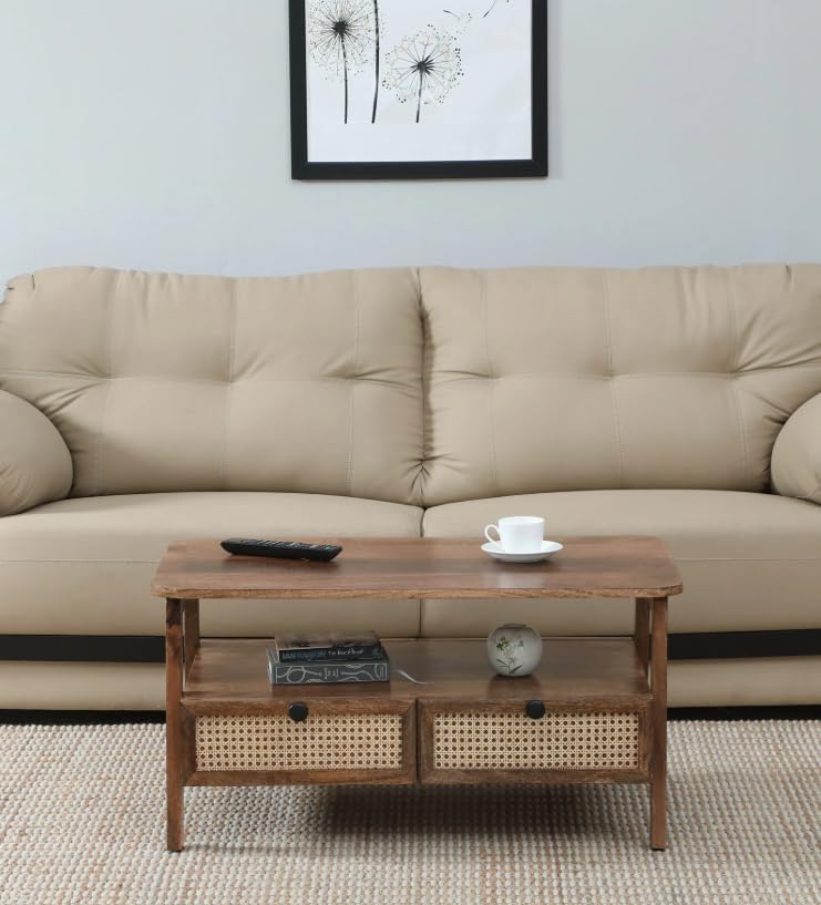 Image of Sheesham Wood Rectangular Cane Center Coffee Table for Living Room | Centre Table with 4 Drawer & Shelf Storage for Home, Office & Draweing Room | Brown Finish
