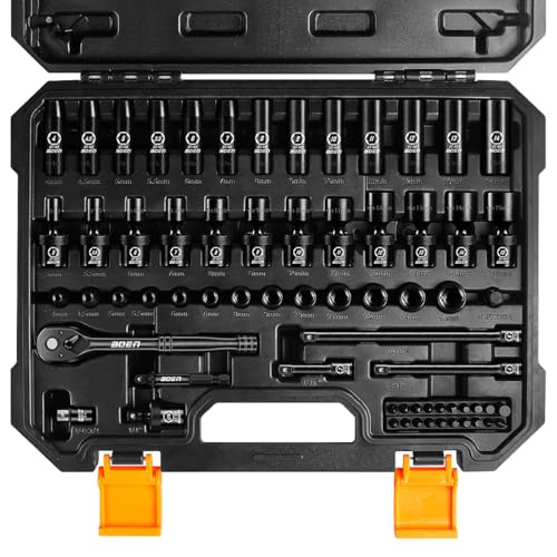 BOEN 1/4' Drive Metric Impact Socket Set, 66-Piece (4-14mm) Deep & Shallow Kit, Includes 5-15mm Swivel Sockets, 72T Ratchet Handle, 2', 4', 6' Extension Bar, Adapters, Universal Joint & Impact Bit