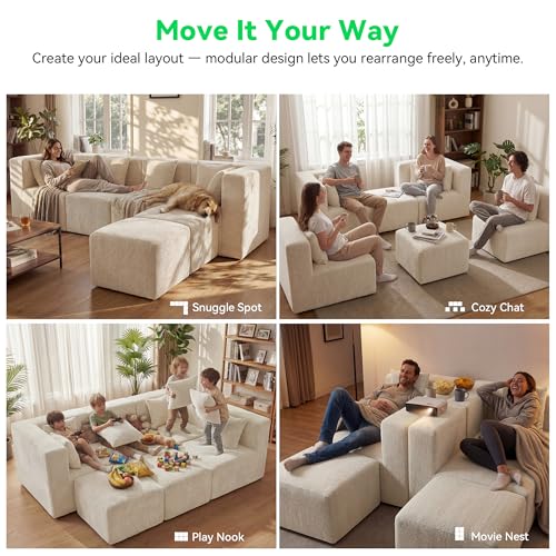 Image of MONVANE 130'' Oversized Boneless Sectional Couches for Living Room, 6-Seat U Shaped Cloud Couch, Modular Sofa with Ottoman & 6 Throw Pillows, Comfy Chenille, No Assembly Required, Beige