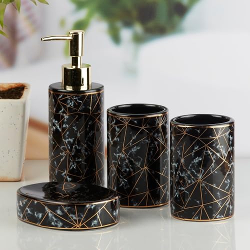 Image of SaSaSa Ceramic Bathroom Accessories Set of 4 Modern Bath Set with Soap Dispenser & Toothbrush Holder, Luxury Home & Gift Idea, Black /Gold (10199)