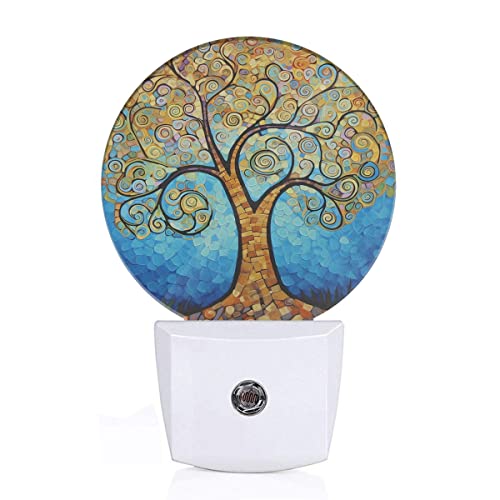 Image of EKOBLA Abstract Tree with Gold Leaves Night Light, Tree Oil Painting Night Lights Plug Into Wall with Dusk to Dawn Sensor for Bedroom, Bathroom, Living Room