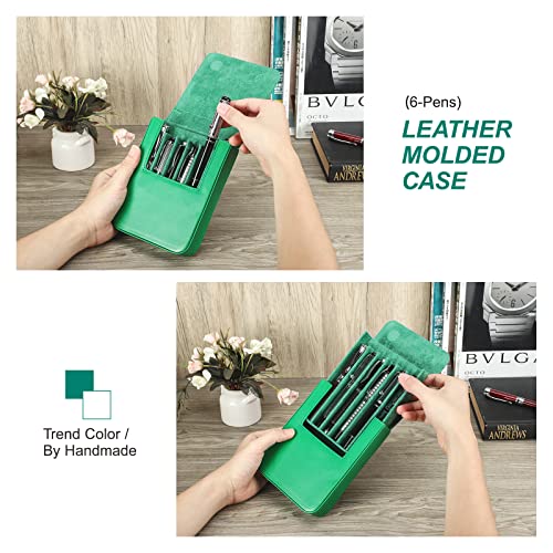 Hiram Leather Pen Case for 6 Pens Portable Vegetable Tanned Leather Made Pen Storage Box with Hidden Magnetic Snap Closure and Pen Tray Drawer Holder Design (Green) - Image 4