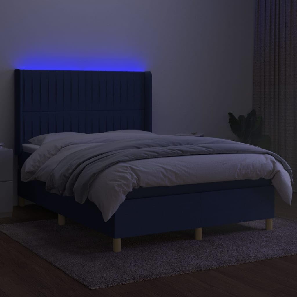 Tkanina LED Regulowany Zagłówek 140x200 Niebieski | Łóżko kontynentalne z materacem niebieskie 140x200 cm tkanina z diodami LED i regulowanym zagłówkiem do sypialni