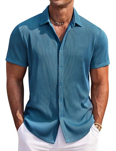 COOFANDY Leichtes Herrenhemd Kurzarm Sommer Strand Urlaub Seeblau L