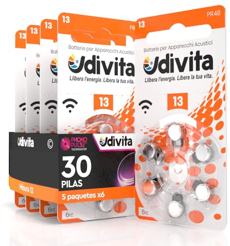 30 Pilas para Audífonos Udivita Tamaño 13 Tipo Zinc Aire   5 Blísteres de 6 Pilas