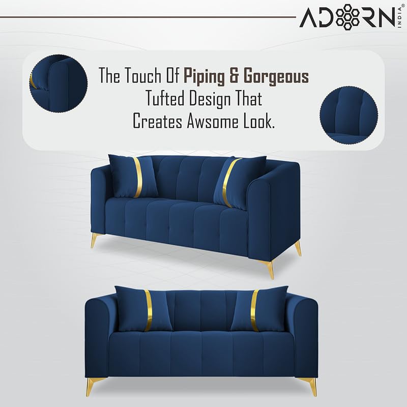 Image of Adorn India Premium Mystic - 3 Years Warranty - 3+2 Sofa Set Velvet Suede Fabric - Blue