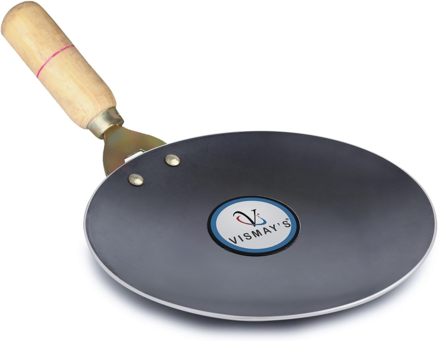 VISMAY'S Pure Iron Tawa with Unique Smooth Edges - First Time in India, Metal Spoon Friendly Induction Friendly, Strong Riveted Wooden Handle Perfect for Roti & Chapati Lohakhand/Loha Tava- 11 Inch