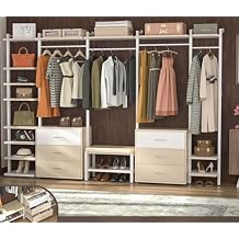 Aheaplus 8FT Closet Organizer System, Walk-in Closet Organizer with 6 Wooden Drawers, Clothing Rack for Hanging Clothes, Closet Wardrobe Garment Rack with 4 Hanging Rods and Storage Shelves, White Oak