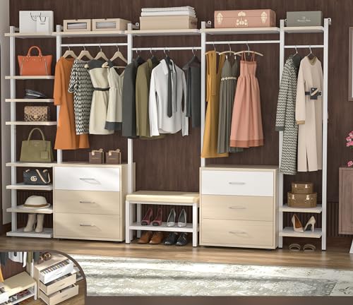 Aheaplus 8FT Closet Organizer Systems with 6-Drawers, 96'' Wood Closet Organizer with Storage for Walk in Closets, Clothing Rack Wardrobe Closet Garment Rack for Hanging Clothes, Bedroom, White Oak