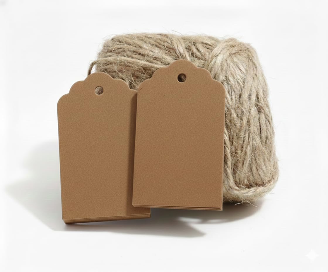 Red Dot Gift 100pcs 1.2 x 2 Inches Kraft Brown Paper Tags with 10m Natural Jute Twine for Wedding, Christmas, and Thanksgiving Treats