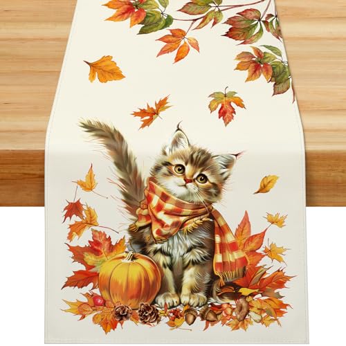 PITMT Runner Autunnale, 40x180 cm Addobbi Autunnali Runner da Tavola Gatto carino, Centrotavola Autunnale Runner da Tavolo Autunno Decorazioni Zucche Foglie D’acero da Cucina per Interni Vacanze