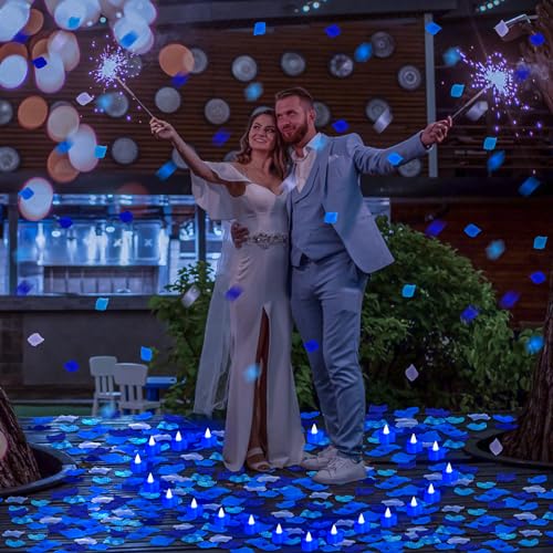Image of Coume 6000 Pieces Artificial Rose Petal 72 Pieces LED Tealights Candle, Romantic Decorations Special Night Rose Petal Heart Candle for Valentines Wedding Anniversary Proposal Decor(Cute Blue Light)