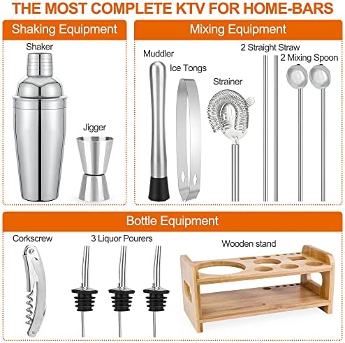 SUPERSUN 15 Piece Cocktail Making Set with Stand: Cocktail Shaker Set 550ml Stainless Steel Bar Tools, Jigger, Strainer, Mixing Spoon, Bottle Opener, Ice Tongs, Recipe, Bartender Kit for Home & Bar