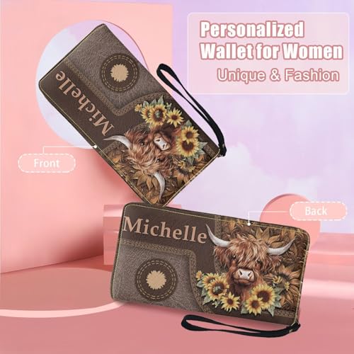 Tuoxiukan Personalized Name Wallets for Women PU Leather Highland Cow Wristlet Wallets with Zipper Mens Slim Minimalist Wallet Phone Case Cash Organizer Sunflower Customized Gifts for Girlfriend Wife4