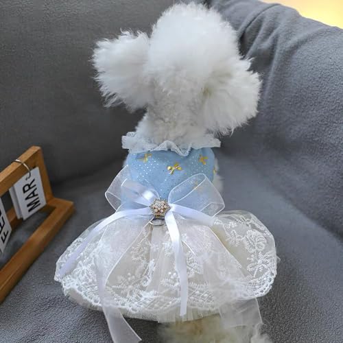 Image of HDKUW Small Dog Dress, Girl Puppy Lace Princess Skirt Tutu Dress with Bowknot,Chihuahua Yorkie Clothes Outfit for Birthday Wedding Party Light Blue Daisy S