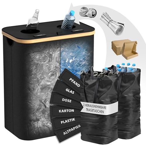 MY FAT GORILLA Multi Pfandflaschen Sammelbehälter mit 2 Fächer Schwarz - Behälter für Plastik, Glas, Karton oder Altpapier - Leergut Aufbewahrung - Mülleimer 2 Fächer - Pfandbehälter 2 XL Tragetaschen
