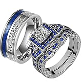 ringheart 2 His and Hers Ring Couple Rings White Gold Plated Princess cut Cz Womens Wedding Ring Sets Blue Titanium Steel Mens Wedding Bands