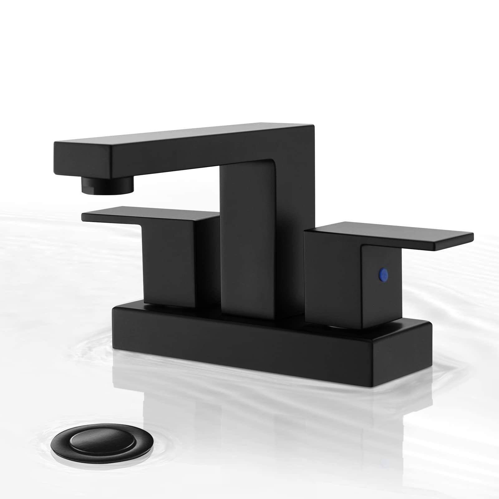 Phiestina Centerset 4 inch Bathroom Faucet - 2 Square Handle Bathroom Sink Faucet for Sink 2 or 3 Hole Double Handle Control 4 inch Centerset Bathroom Faucet in Matte Black Finish, BF028-MB