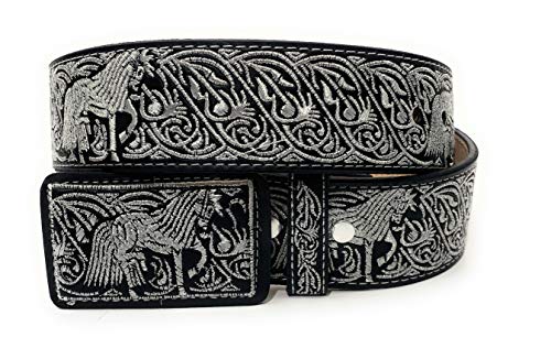 Men's Western Silver Embroidered Cowboy Rodeo Belt, Cinto Charro Bordado Hilo Plateado Cinto Vaquero (36, Black)
